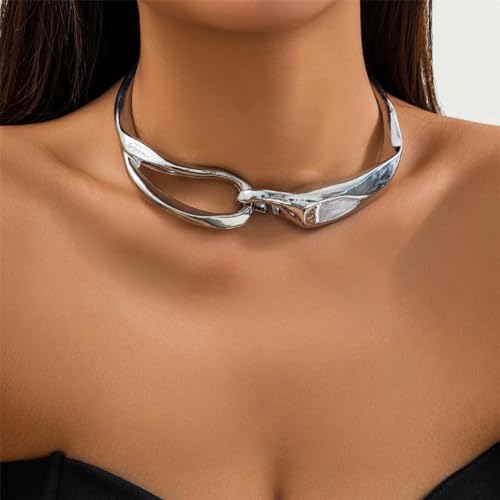Chunky Gold Necklace Big Statement Chunky Necklace for Women African Tribe Wide Metal Choker Necklaces Jewelry - color: 07 Silver