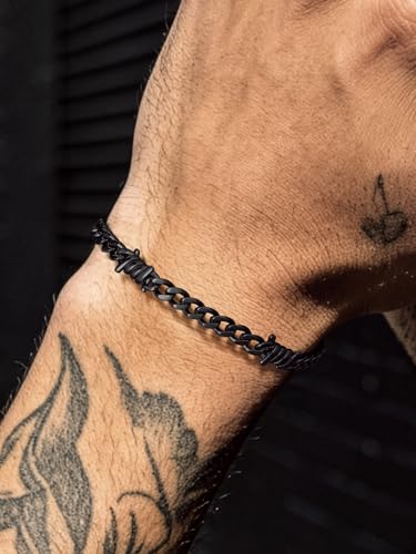 Bandmax Barbed Wire Chain Bracelets for Men Women Stainless Steel/Black/Gold Thorn Cuban Link Bracelet Adjustable Punk Emo Style Jewelry Gift - color: 05 5MM-Black Plated