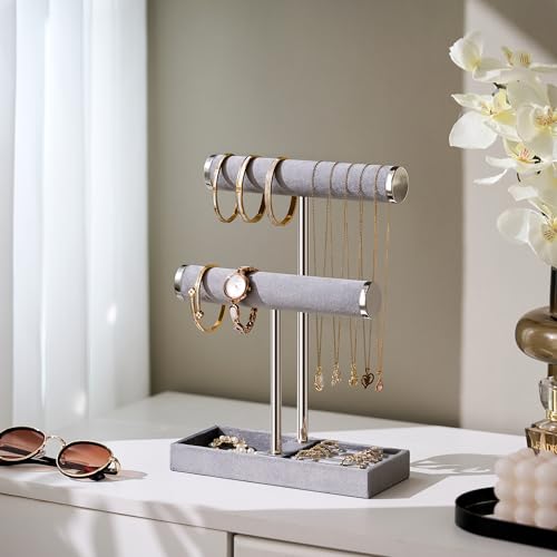 bussdis 2 Tier Bracelet Holder Display, Necklace Holder Organizer, Grey | Velvet Necklace Holder | Jewelry Tree | Jewelry Towers | Jewelry Stand Organizer for Necklaces, Bracelets, Earrings, Rings - color: Grey
