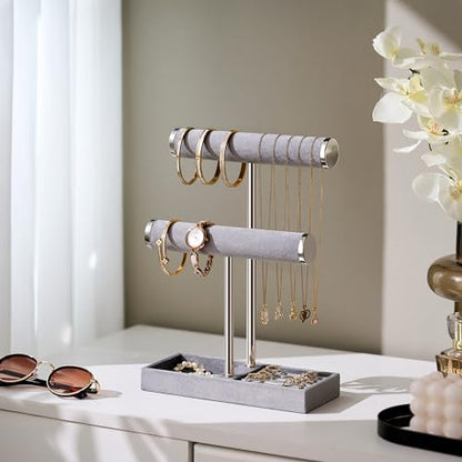 bussdis 2 Tier Bracelet Holder Display, Necklace Holder Organizer, Grey | Velvet Necklace Holder | Jewelry Tree | Jewelry Towers | Jewelry Stand Organizer for Necklaces, Bracelets, Earrings, Rings - color: Grey