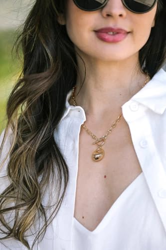 18k Gold Plated Chain Link Necklace for Women, Baroque Pearl/Compass Pendant Necklace - color: Pebble