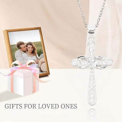 Gold Silver Cross Necklace for Women, 14K Gold Plated Dainty Cubic Zirconia Cross Pendant, Elegant Christian Faith Jewelry, Religious Gifts for Wife Mom