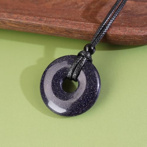 FANASY Natural Gemstone Pendant Necklce Lucky Coin Crystal Necklace Protection Donut Pendnat with Adjustable Rope for Men Women - color: Blue Sandstone