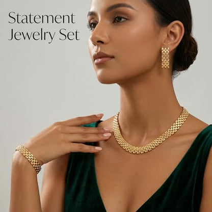 Chunky Gold Jewelry Sets for Women 14K Gold Plated Necklace Earrings Bracelet Set Cuban Link Thick Choker Necklace Punk Statement Necklaces Earrings Bracelet Set Fashion Jewelry Gift for Women - color: Gold