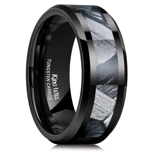 King Will Tungsten Wedding Band Wood Inlay for Men Black Beveled Edge | Black, 8mm, Beveled Edge, Comfort Fit, Wood inlay, Promise Gift - color: Black-Gray