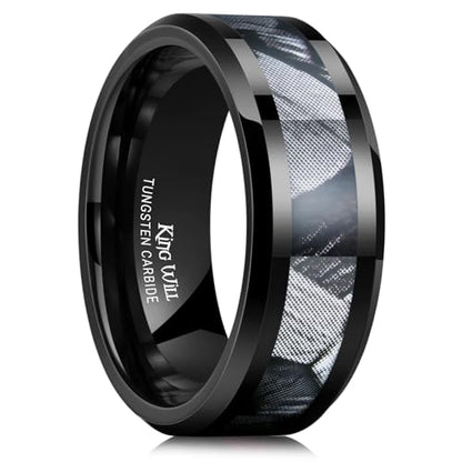 King Will Tungsten Wedding Band Wood Inlay for Men Black Beveled Edge | Black, 8mm, Beveled Edge, Comfort Fit, Wood inlay, Promise Gift - color: Black-Gray
