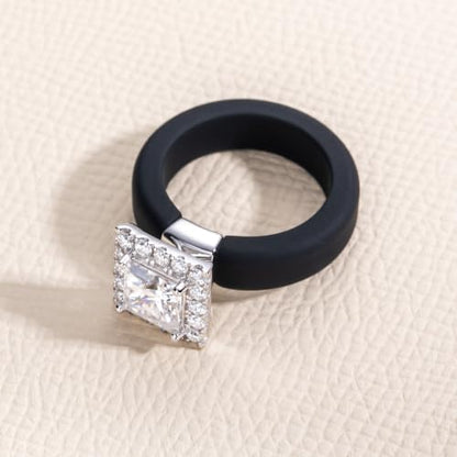 Moissanite Silicone Ring for Women, Promise Ring 925 Sterling Silver, Soft - color: Black