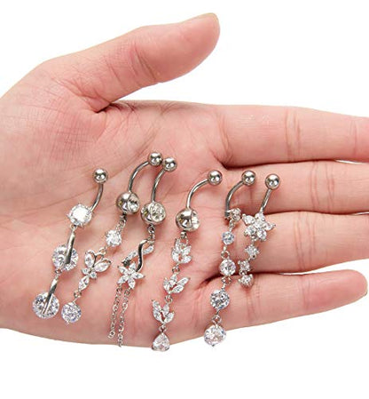 3-6PCS 14G 316L Stainless Steel Belly Button Rings for Women Navel Rings Barbell Dangle Flower CZ Body Piercing - color: D: 6 Pcs Silver-tone