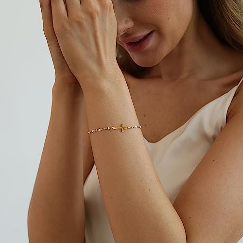 18K Gold Plated Pearl Beaded Cross Bracelets for Women Adjustable Stainless Steel Dainty Thin Gold Box Cuban Twisted Link Chain Bracelet Bridesmaid Jewelry Gifts - color: White Cross-Gold