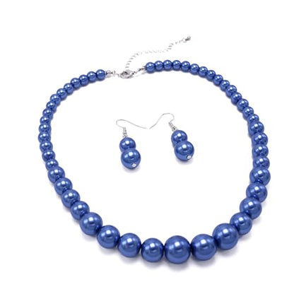 Cryshimmer Pearl Choker Necklace for Women Faux Pearl Beads Strand Necklace Earring Set Costume Jewelry,Gift for Wife Mother - color: Dark Blue