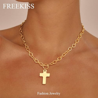 Freekiss 3-Piece Layered Toggle Necklace for Women | Gold/Silver necklace set with herringbone, rope, and paperclip chains plus a toggle clasp for layering, parties, and gifts - color: Gold Cross Necklace Style2