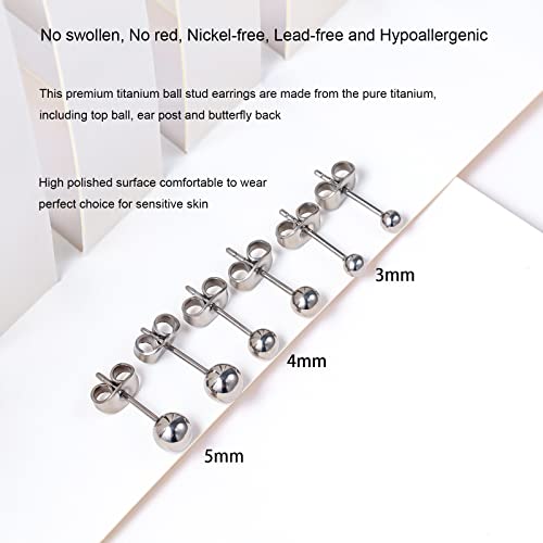 Titanium Ball Earrings Hypoallergenic Studs for Women Men Sensitive Ears Black 3mm 4mm 5mm Titanium Backs - style: 3 pairs polished