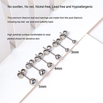 Titanium Ball Earrings Hypoallergenic Studs for Women Men Sensitive Ears Black 3mm 4mm 5mm Titanium Backs - style: 3 pairs polished