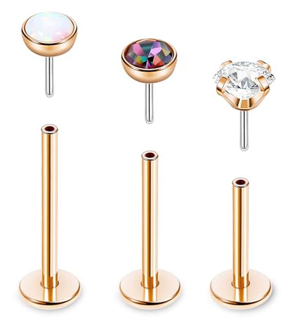 16G 18G 20G 3PCS G23 Titanium Push in Labret Monroe Stud Threadless Lip Ring Opal CZ Nose Stud Pure Titanium for Sensitive Skin Cartilage Helix Tragus Earrings Stud 6MM 8MM 10MM - style: 16G-Rose Gold