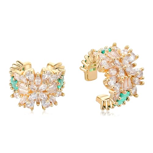 Gold Ear Cuff Earring for Women 14K Gold Plated Cubic Zirconia Non-Pierced Clip on Cartilage Chunky Ear Cuffs Hypoallergenic Jewelry - style: flower / pair