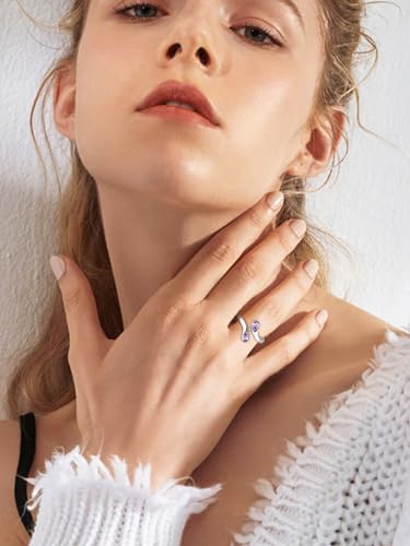 Bestyle Silver Birthstone Ring for Women, Dainty Sterling Silver Teardrop Ring Open Adjustable Band Ring, Love Statement TOI et Moi Ring Promise Ring for Her - color: 06.June ( Alexandrite)