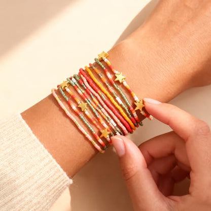 Gold Seed Beaded Bracelets Set for Women, Boho Handmade Friendship Stretch Summer Beach Jewelry Gift. - color: Fall Orange Red Green