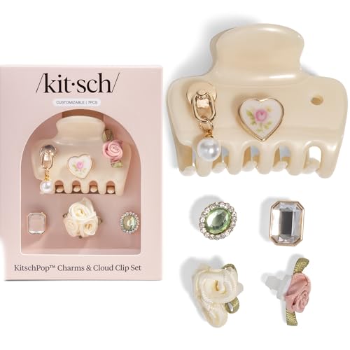 KitschPop ™ Hair Clips For Women with Charm Sets- Pearlized Cream, 7pcs Set | Customizable Cloud Claw Clip With Interchangeable Collectible Cute Charms – Hair Clips For Styling Updo, Half Updos - color: Pearlized Cream