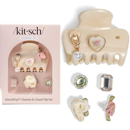KitschPop ™ Hair Clips For Women with Charm Sets- Pearlized Cream, 7pcs Set | Customizable Cloud Claw Clip With Interchangeable Collectible Cute Charms – Hair Clips For Styling Updo, Half Updos - color: Pearlized Cream