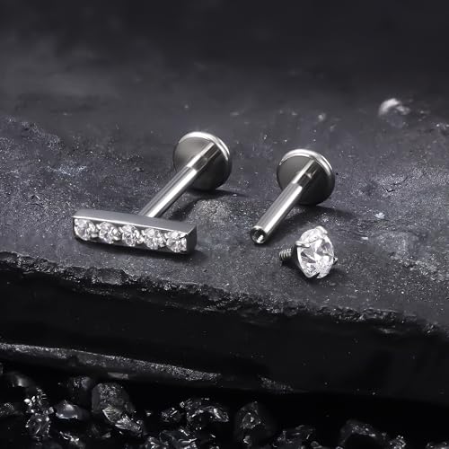 Titanium Flat Back Lip Rings Internally Threaded Earrings Studs Nose Rings 16G Cross Curve Stripe Tragus CZ Cartilage Lobe Rook Helix Conch Labret Medusa Piercing Jewelry for Women Men - style: Stripe