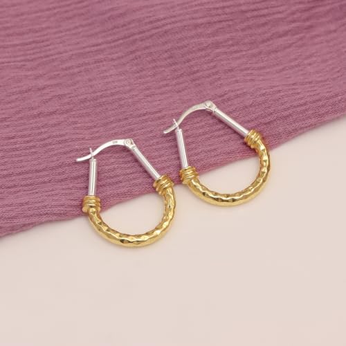 LeCalla 925 Sterling Silver Hoop Earrings for Women | Italian Design Classic Diamond-Cut Textured Hoops Earring | Women's Oval Drop Shape Silver Earring Jewelry - color: Medium Two-Tone Diamond-Cut