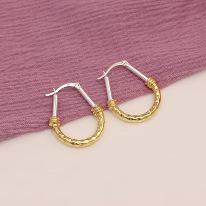 LeCalla 925 Sterling Silver Hoop Earrings for Women | Italian Design Classic Diamond-Cut Textured Hoops Earring | Women's Oval Drop Shape Silver Earring Jewelry - color: Medium Two-Tone Diamond-Cut