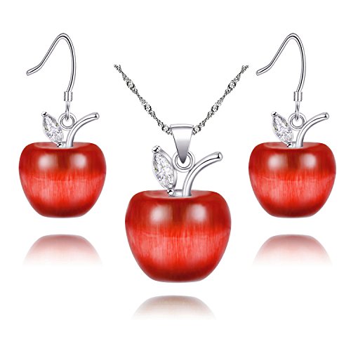Uloveido Apple Necklace and Earrings Set for Women Cute Apple Jewelry Set for Teacher Mom YL007 - color: Red