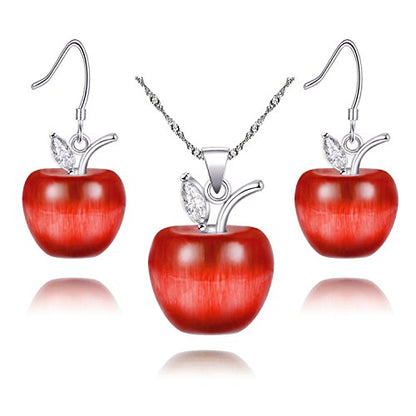 Uloveido Apple Necklace and Earrings Set for Women Cute Apple Jewelry Set for Teacher Mom YL007 - color: Red