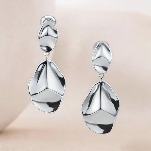 FAN&LOUIS Gold Silver Clip On Dangle Earrings Women,14K Gold Teardrop Statement Dangle Earrings Clips Lightweight Hammered Drop Dangle Clip-on Earrings for Women - style: Gold and Silver