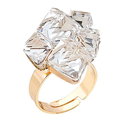 Hebelee Boho Square Crystal Statement Ring for Women Adjustable | Gold-Toned Expandable Promise Engagement Geometric Rings Comfort Fit Elegant Art Deco Christmas Cocktail Y2K Jewelry - color: White