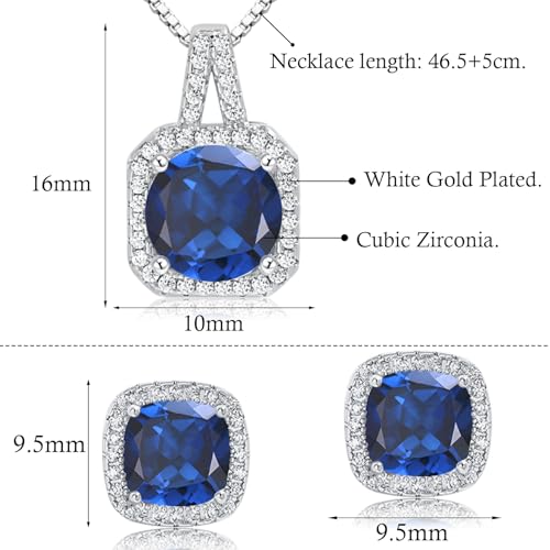 Cubic Zirconia Necklace and Earrings Set for Women 14K White Gold Plated Bridesmaid Silver Jewelry Set for Women Pendant Necklace Hypoallergenic Stud Earrings Set Jewellery Gift for Mom Wife Bride Bridesmaid - color: Sapphire Blue-Square Shape