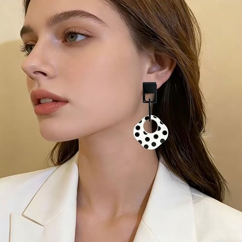 Handmade Lightweight Retro Polka Dot Square Hollow Round Dangle Drop Earrings Unique Chic Resin Geometric Stud Earrings For Women - style: white 1