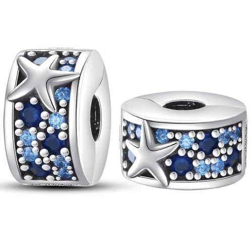 925 Sterling Silver Stopper Clip Charms for Bracelet Necklace Spacer Beads with 5A Cubic Zirconia Mother's Day Christmas DIY Gift for Women(2PCS) - style: Ocean Starfish Fixed Clip Charm