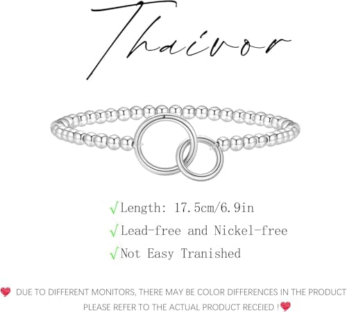 Beaded Bracelets for Women 14K Silver Gold Plated Stretch Handmade Ball Bracelets Cute Charm Bracelet Dainty Stackable Cross Heart Bow Wave CZ Circle Trendy Jewelry Easter Gifts - color: double-circle-silver
