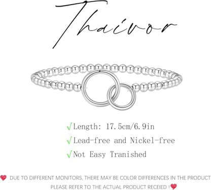 Beaded Bracelets for Women 14K Silver Gold Plated Stretch Handmade Ball Bracelets Cute Charm Bracelet Dainty Stackable Cross Heart Bow Wave CZ Circle Trendy Jewelry Easter Gifts - color: double-circle-silver