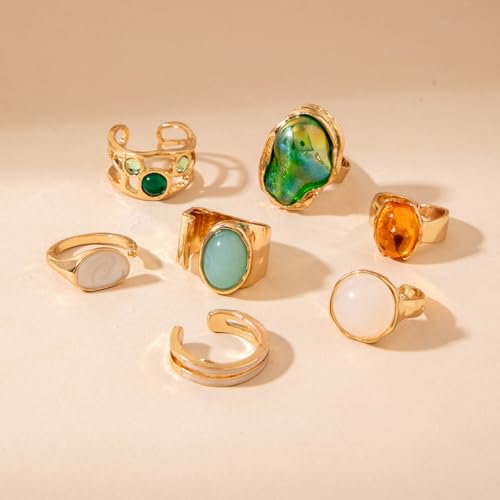Chunky Gemstone Rings for Women Gold Silver Chunky Rings Set Adjustable Thick Statement Ring Trendy Fashion Silver Jewelry - style: Green