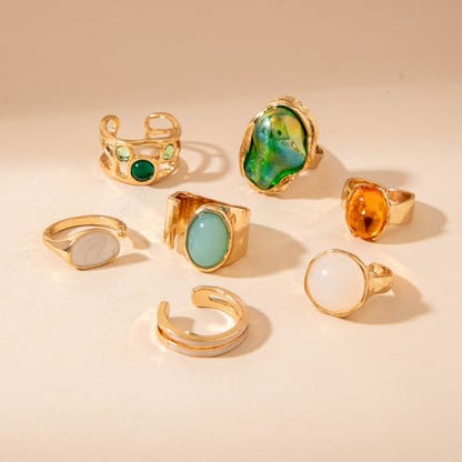 Chunky Gemstone Rings for Women Gold Silver Chunky Rings Set Adjustable Thick Statement Ring Trendy Fashion Silver Jewelry - style: Green