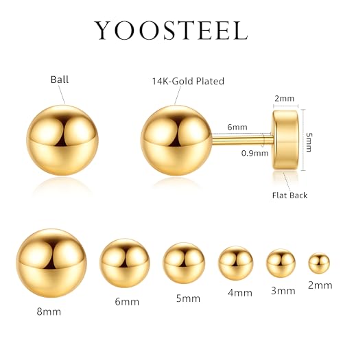 6 Pairs Hypoallergenic Flat Back Earrings for Women Girls,Stud Earring Set | Cartilage Earrings for Sensitive Ears,Cubic Zirconia Ball Pearl Earring,Screw Back Helix Conch Piercing Sets,Jewelry Gifts - color: Ball-14K-Gold-Plated
