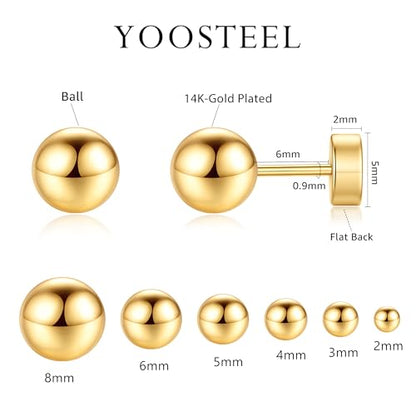 6 Pairs Hypoallergenic Flat Back Earrings for Women Girls,Stud Earring Set | Cartilage Earrings for Sensitive Ears,Cubic Zirconia Ball Pearl Earring,Screw Back Helix Conch Piercing Sets,Jewelry Gifts - color: Ball-14K-Gold-Plated