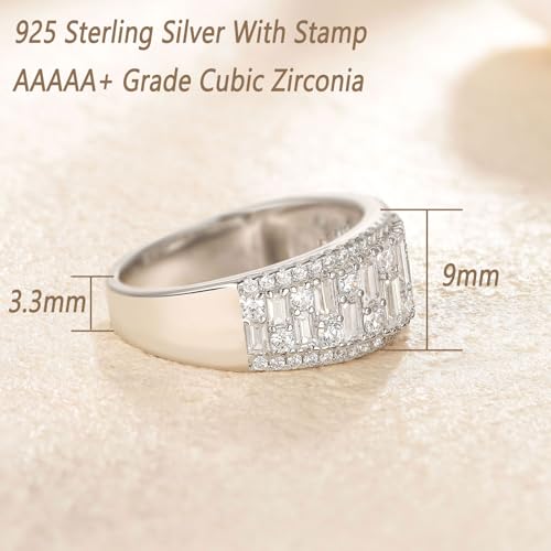 Wuziwen Wide Wedding Bands for Women Round and Baguette Eternity Ring | Premium 5A Cubic Zirconia Emerald Cut Vintage Wide Half Eternity Rings for Her Stackable Bridal Engagement Anniversary Bands