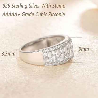 Wuziwen Wide Wedding Bands for Women Round and Baguette Eternity Ring | Premium 5A Cubic Zirconia Emerald Cut Vintage Wide Half Eternity Rings for Her Stackable Bridal Engagement Anniversary Bands