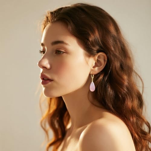 Natural Waterdrop Stone Drop Earrings,Yellow Gold Plated Real Genuine Teardrop Crystal Quartz Gemstone Dangle Earrings for Women Her - color: C01_Rose-Purple Jade