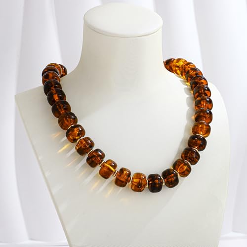 Chunky Beads Necklace for Women Trendy Gold Puffy Heart Choker Necklace Colorful Resin Beaded Heart Pendant Necklaces Statement Jewelry - color: Brown