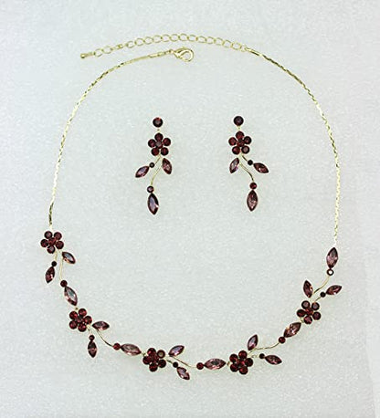 Faship Gorgeous Rhinestone Crystal Floral Necklace Earrings Set - color: Burgundy / gold plated