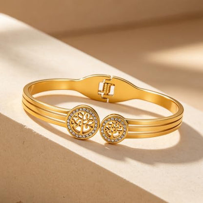 hotoo Gold Open Cuff Bangles Wide Woven Bracelets For Women Stainless Steel Stackable Jewelry For Xmas Birthday Gifts - style: Tree of Life