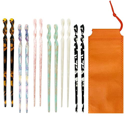 Acetate Tortoise Shell Hair Sticks - Leopard Print Hair Pins, 12 Pieces for Long Hair - Chinese Hair Styling Accessories for Women & Girls