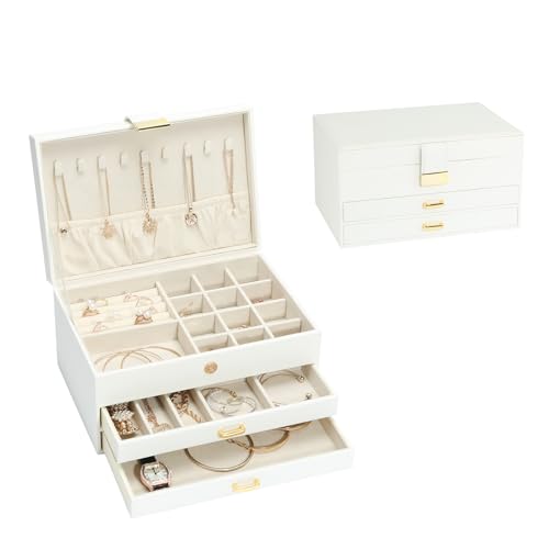 Jewelry Organizer Box for Women Girls, 3-Layer Jewelry Case with 2 Drawers Jewelry Storage Box for Ring Earrings Bracelets Necklaces(White) - color: White A, size: 3-Layer