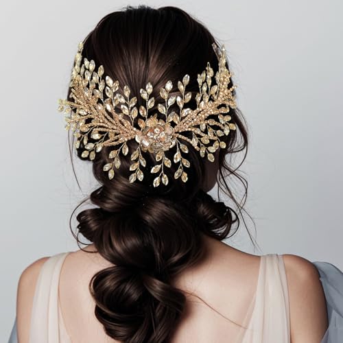 Bridal Headband,Rhinestone Crystal Floral Wedding Headpiece Flower Leaf Hair Accessories for Bride Wedding (Champagne) - color: Champagne