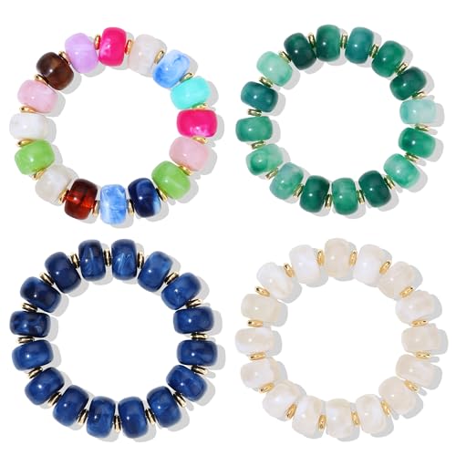 4 Pcs Chunky Beaded Bracelets for Women | Adjustable Colorful Resin Beads Bracelets Stretch Beaded Bracelet Boho Summer Beach Vacation Jewelry Gift - color: Color 1