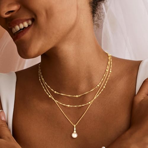 MFRYK Gold Necklaces for Women,14K Gold/Silver Plated Choker Layered Necklace Dainty Pearl Disc Cross Circle Heart Pendant Chain Stackable Necklaces, Multilayer Jewelry Set Gifts for Women - style: 3Layered Pearl-GD